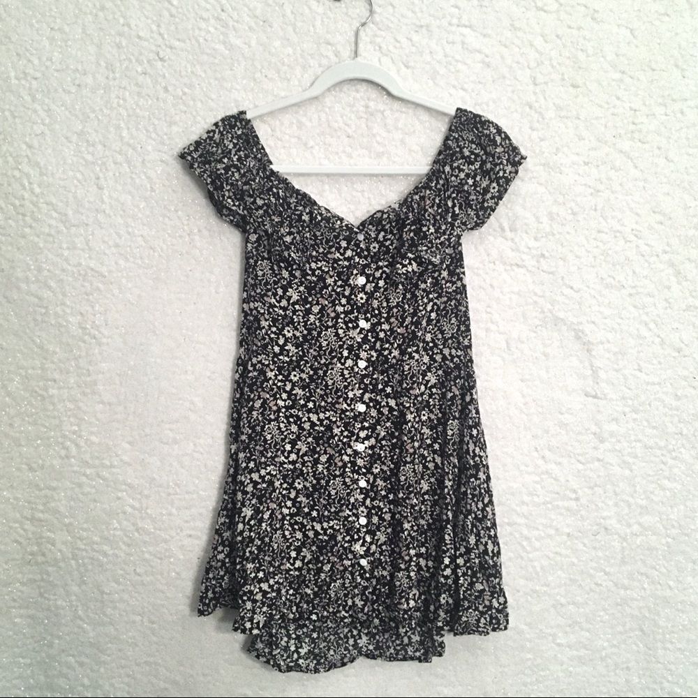 Off-Shoulder Button Down Floral Mini Dress Tunic